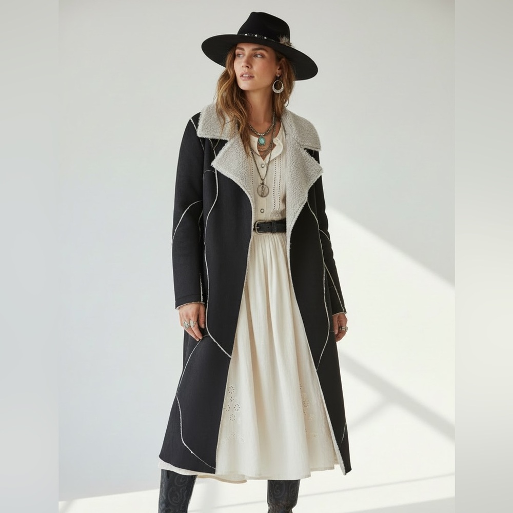 NWT Paparazzi by Biz‎ Luxe Faux Shearling Coat Long Boho Western Drape Jacket